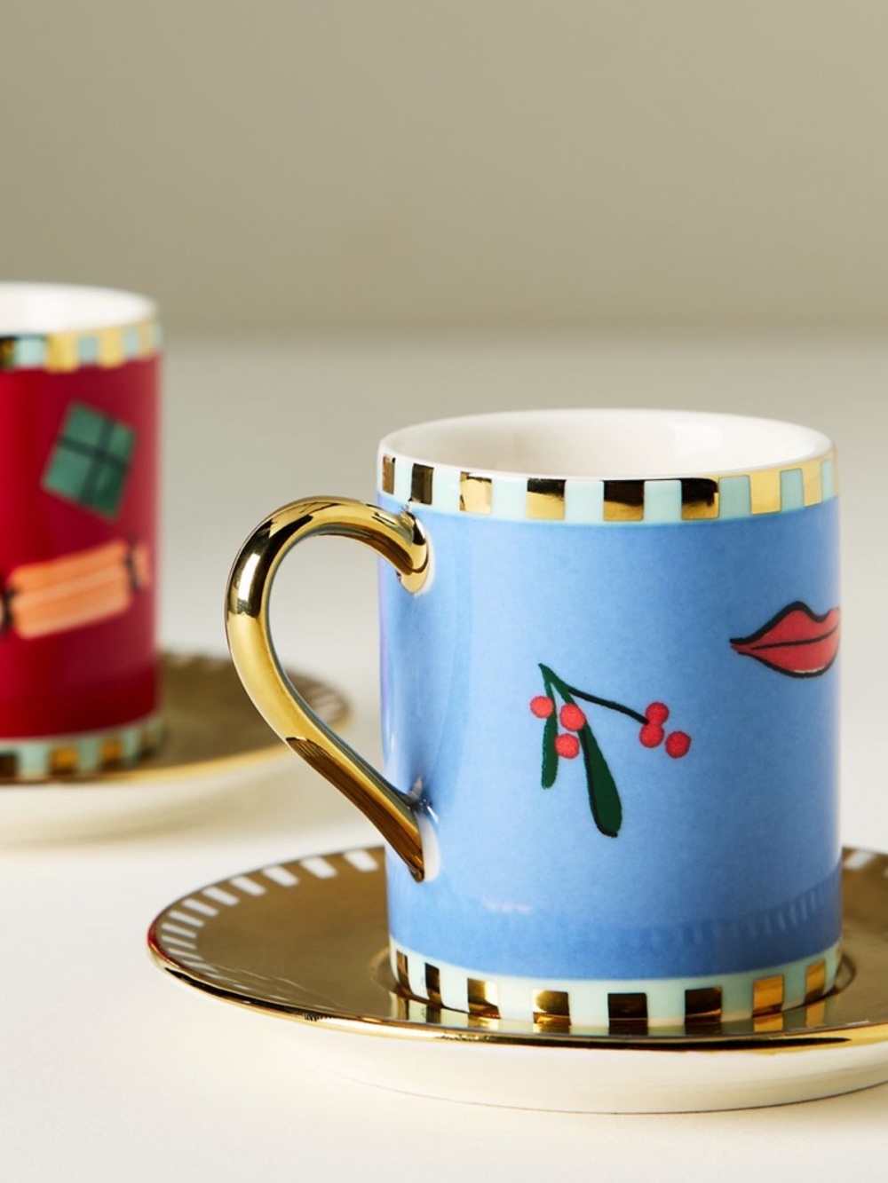 🌲Anthropologie Caroline Stoneware Holiday Espresso Cup and Saucer New Mistletoe